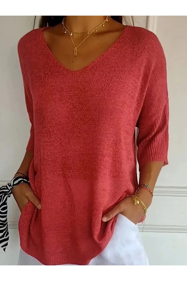 Solid Color Knitted V-Neck Top