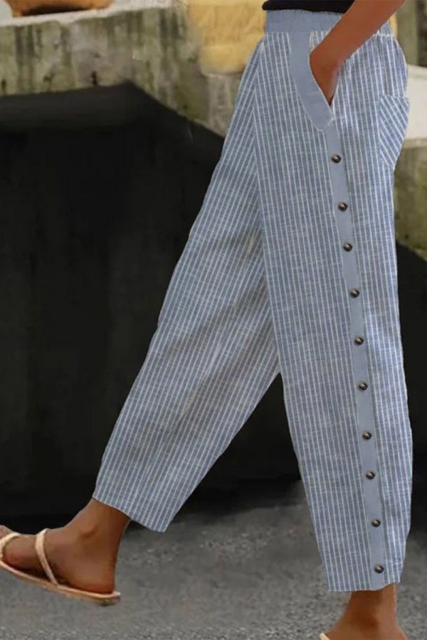 Stripe Print Casual Loose Pants with Pockets