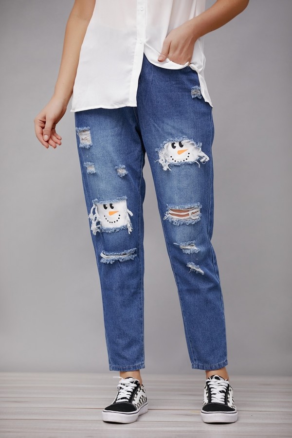 Women's Snowman Face Patchwork Casual Loose Jeans