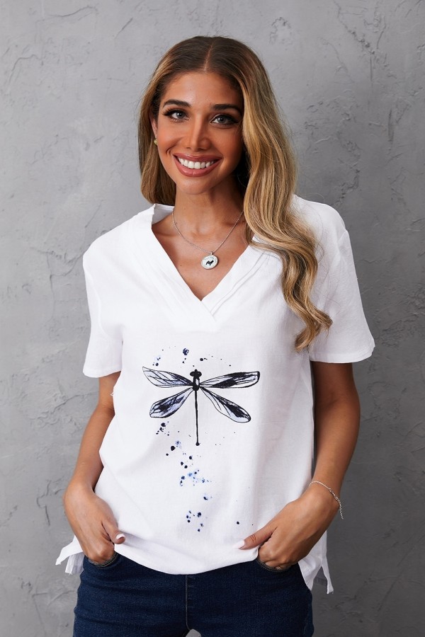 Women's V-neck Dragonfly Print Short Sleeves T-shirt