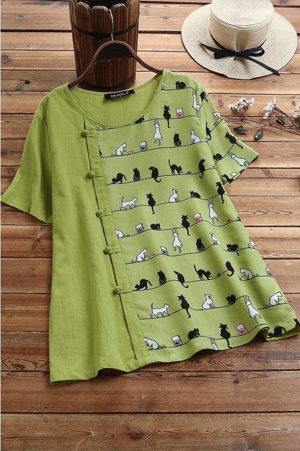 Cartoon Cat Print Buttons Round Neck Short Sleeves T-shirt